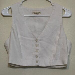 Christian Siriano New York White Linen Blend Button-Down Cropped Vest